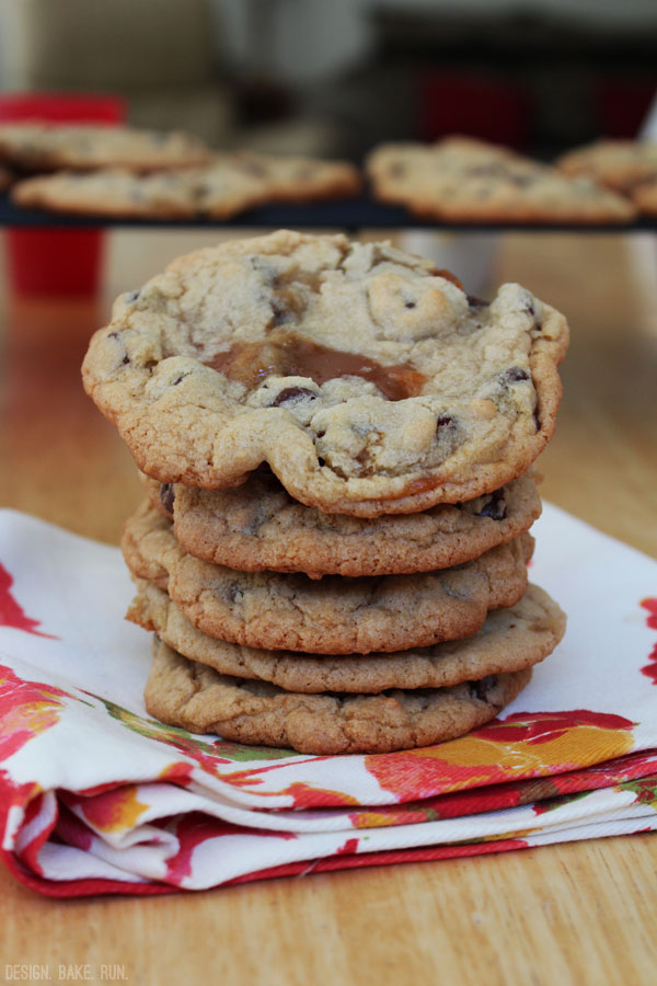 Bourbon Sea Salt Caramel-Filled Chocolate Chip Cookies via design. bake. run.