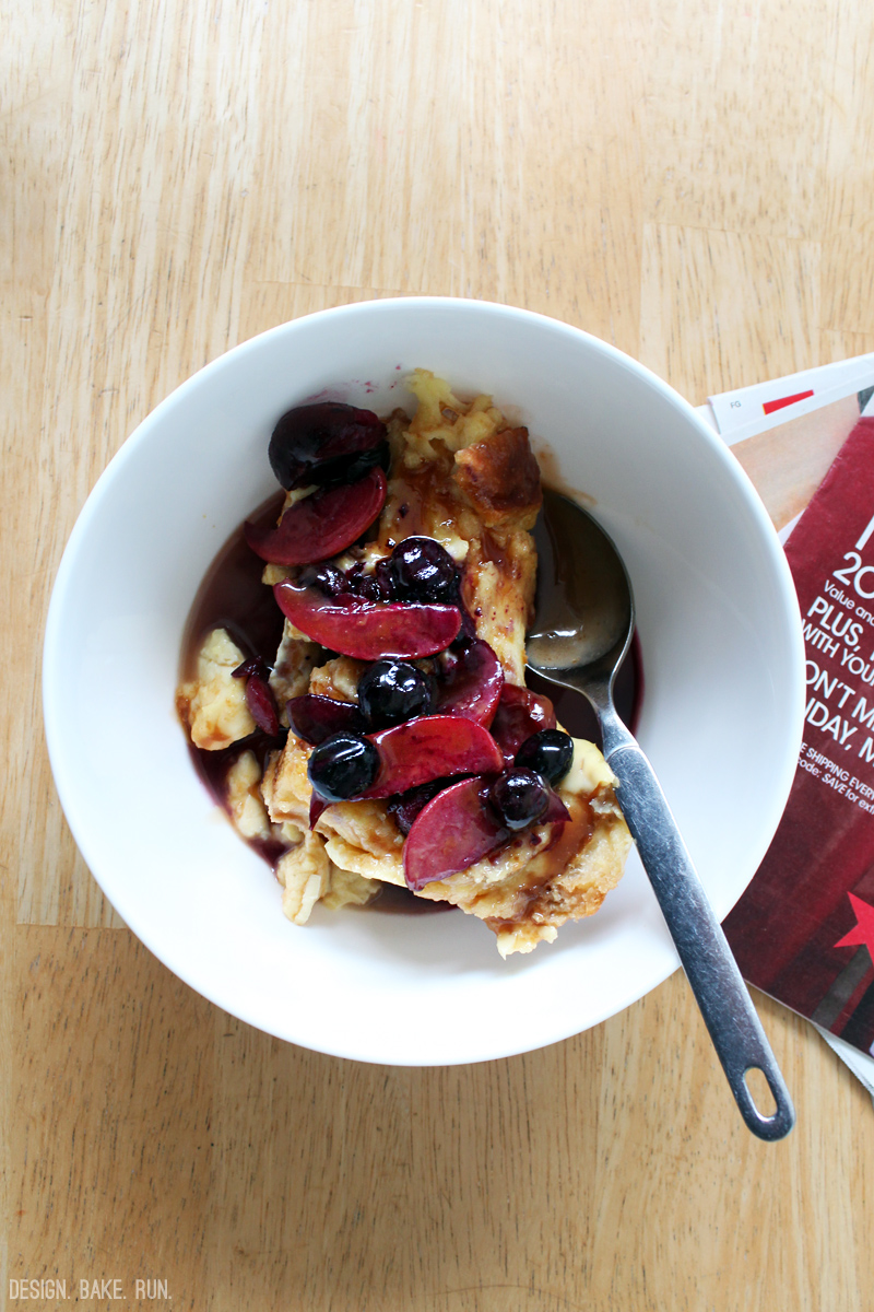 Tartine's Bread Pudding topped with Caramel Sauce & Caramelized Fresh Fruits via design. bake. run.