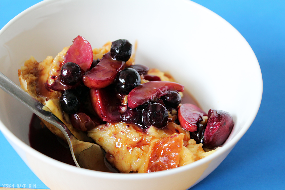 Tartine's Bread Pudding topped with Caramel Sauce & Caramelized Fresh Fruits via design. bake. run.